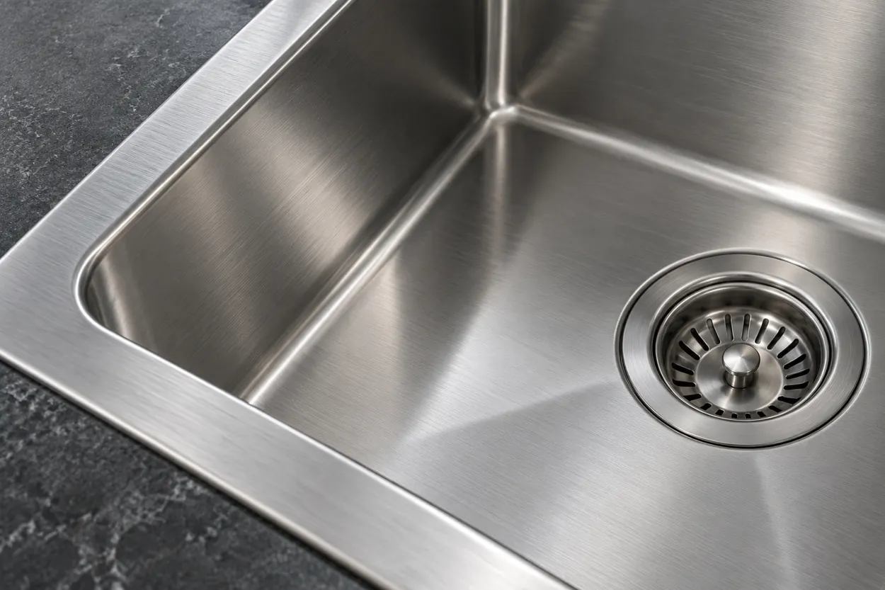 Illustrative close-up of brushed stainless steel sink rim and drain