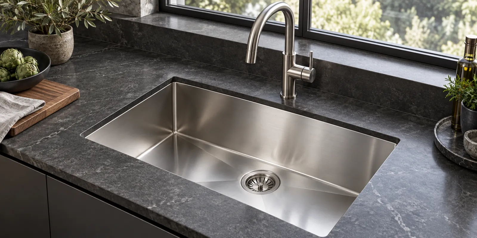 Illustrative stainless steel kitchen sink set in a charcoal countertop